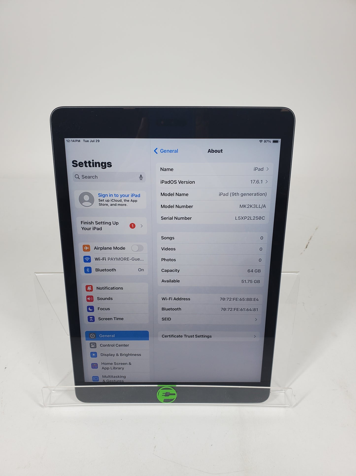 WiFi Only Apple iPad 9th Gen 64GB 17.6.1 SPACE GRAY MK2K3LL/A