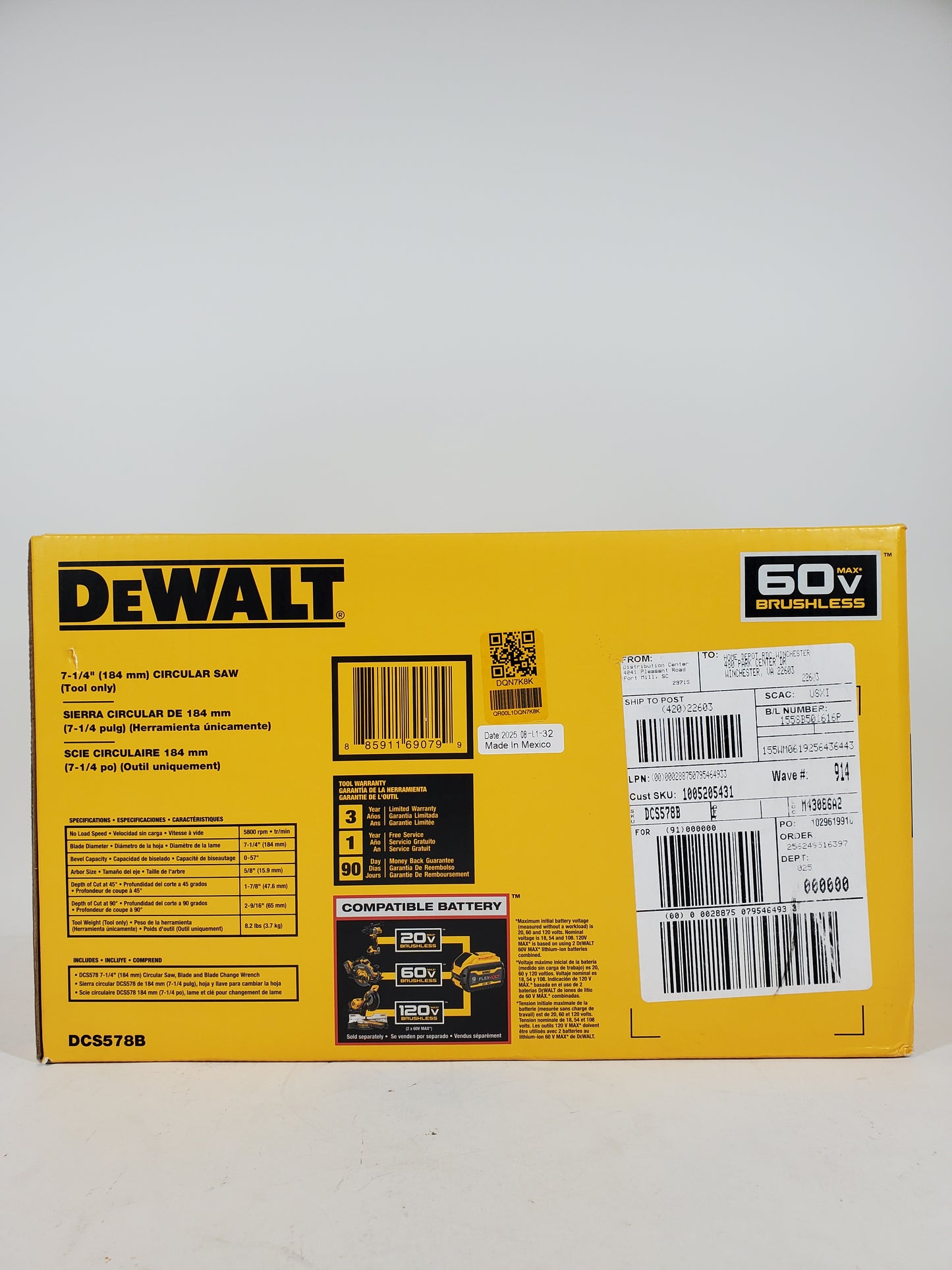 New DeWalt DCS578B 20V/60V Max 7-1/4 CIRCULAR SAW TOOL ONLY