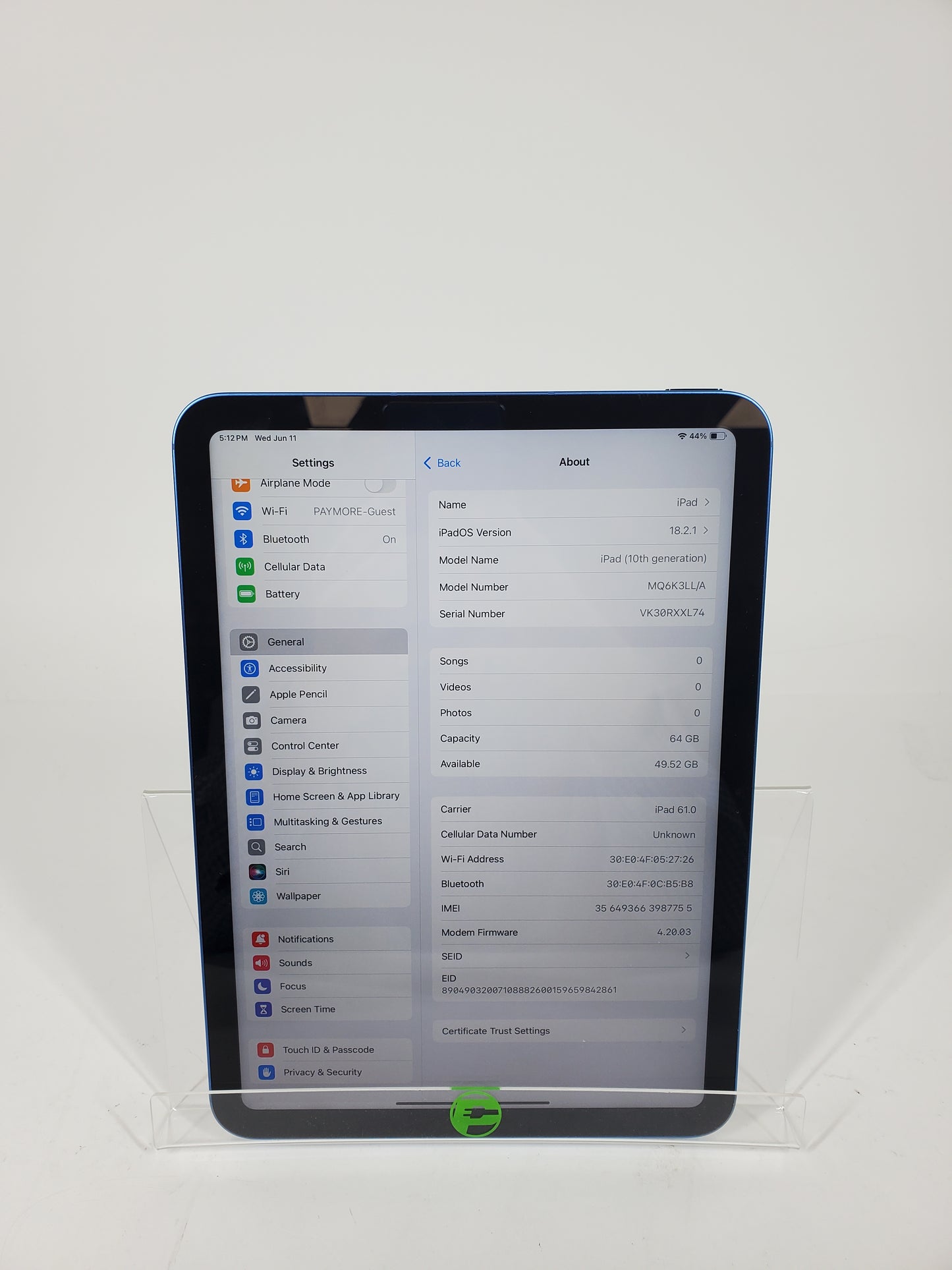 Unlocked Apple iPad 10th Gen 64GB BLUE MQ6K3LL/A
