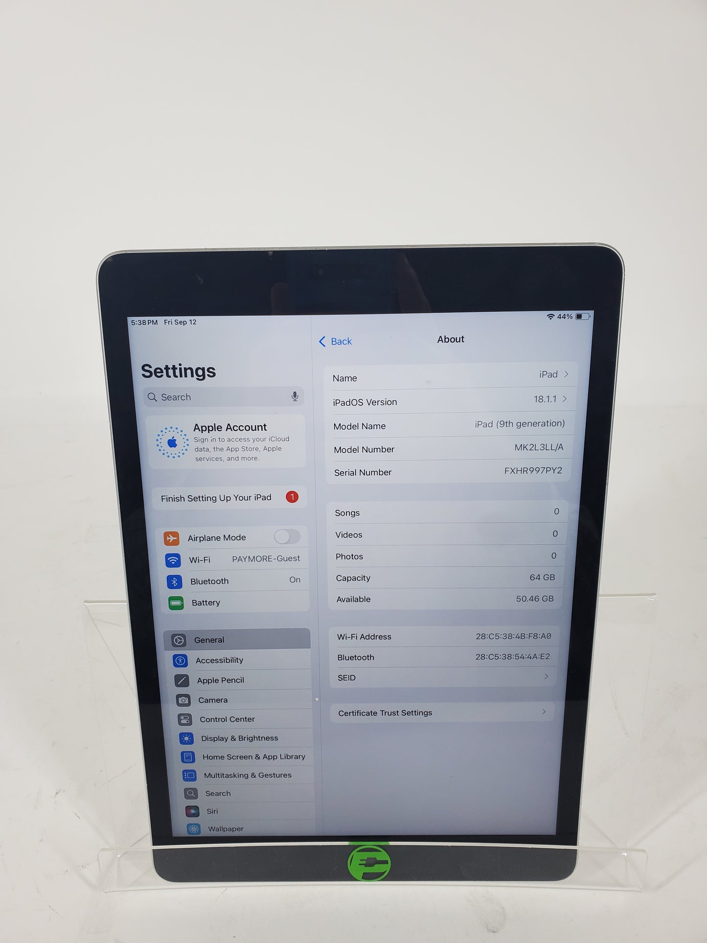 WiFi Only Apple iPad 9th Gen 64GB Silver MK2L3LL/A