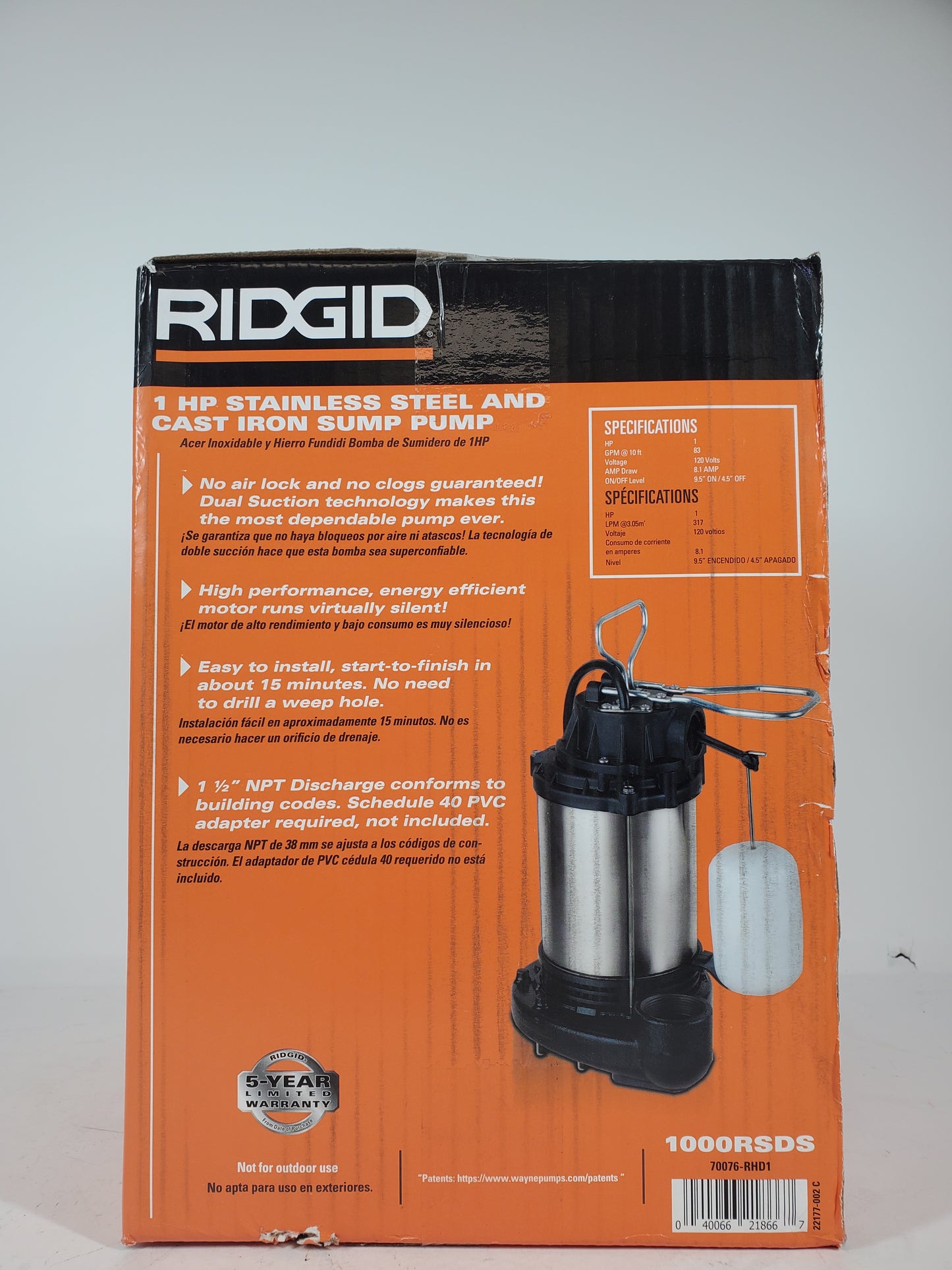 New Ridgid 1 HP STAINLESS STEEL AND CAST IRON SUMP PUMP