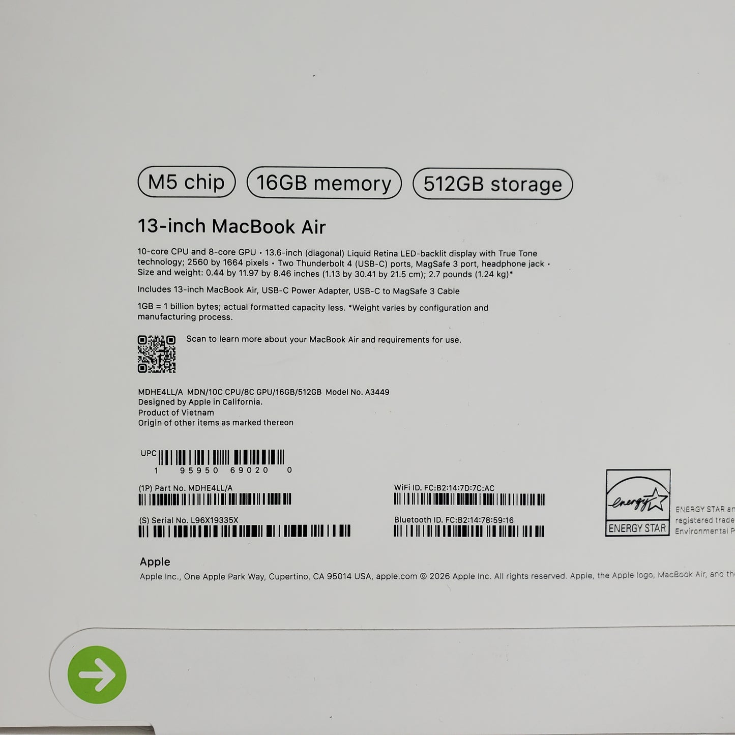 New 2026 Apple MacBook Air 13" M5 8C GPU 4.6GHz 16GB RAM 512GB SSD
