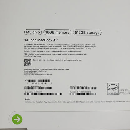 New 2026 Apple MacBook Air 13" M5 8C GPU 4.6GHz 16GB RAM 512GB SSD