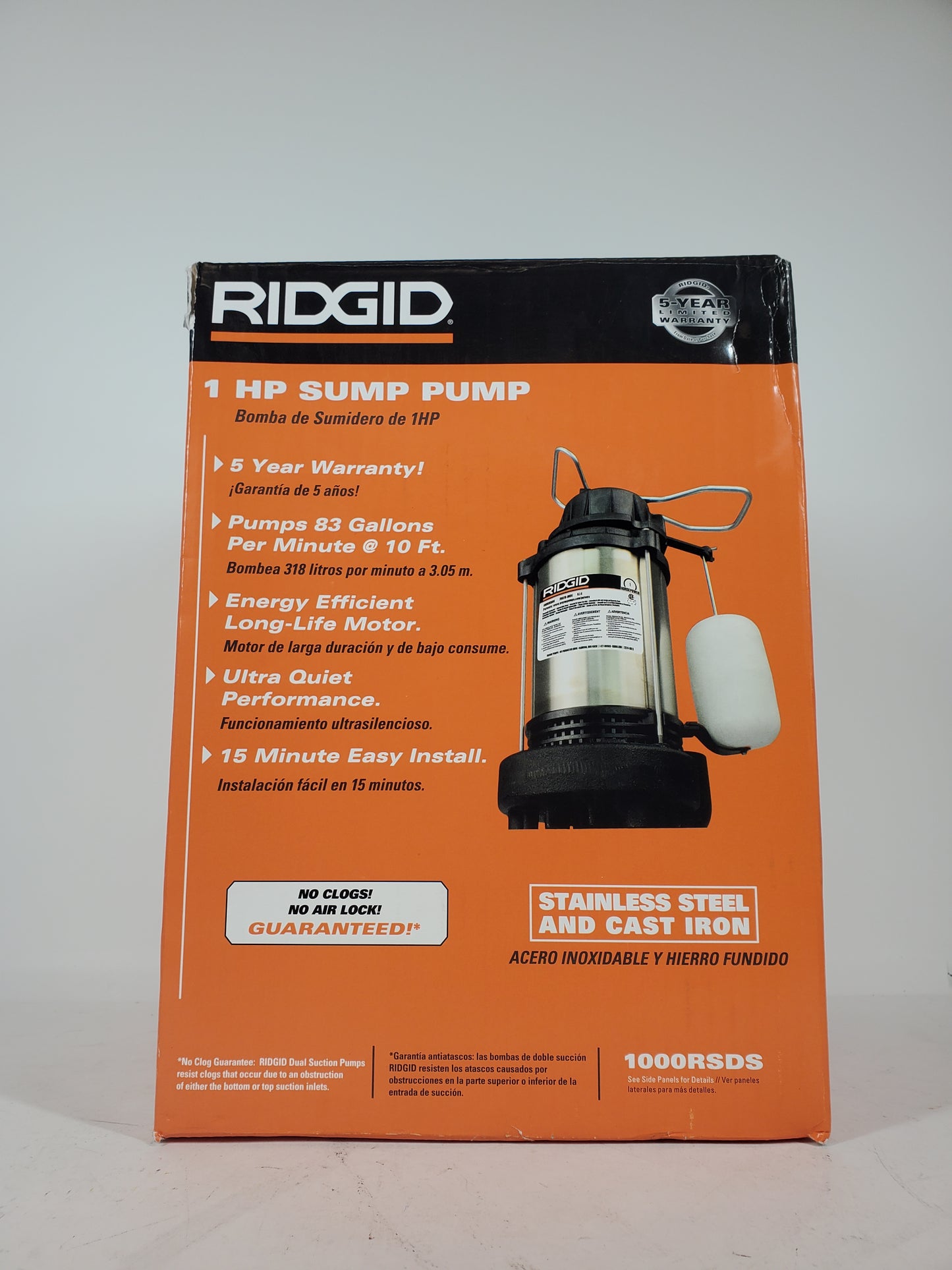 New Ridgid 1 HP STAINLESS STEEL AND CAST IRON SUMP PUMP 