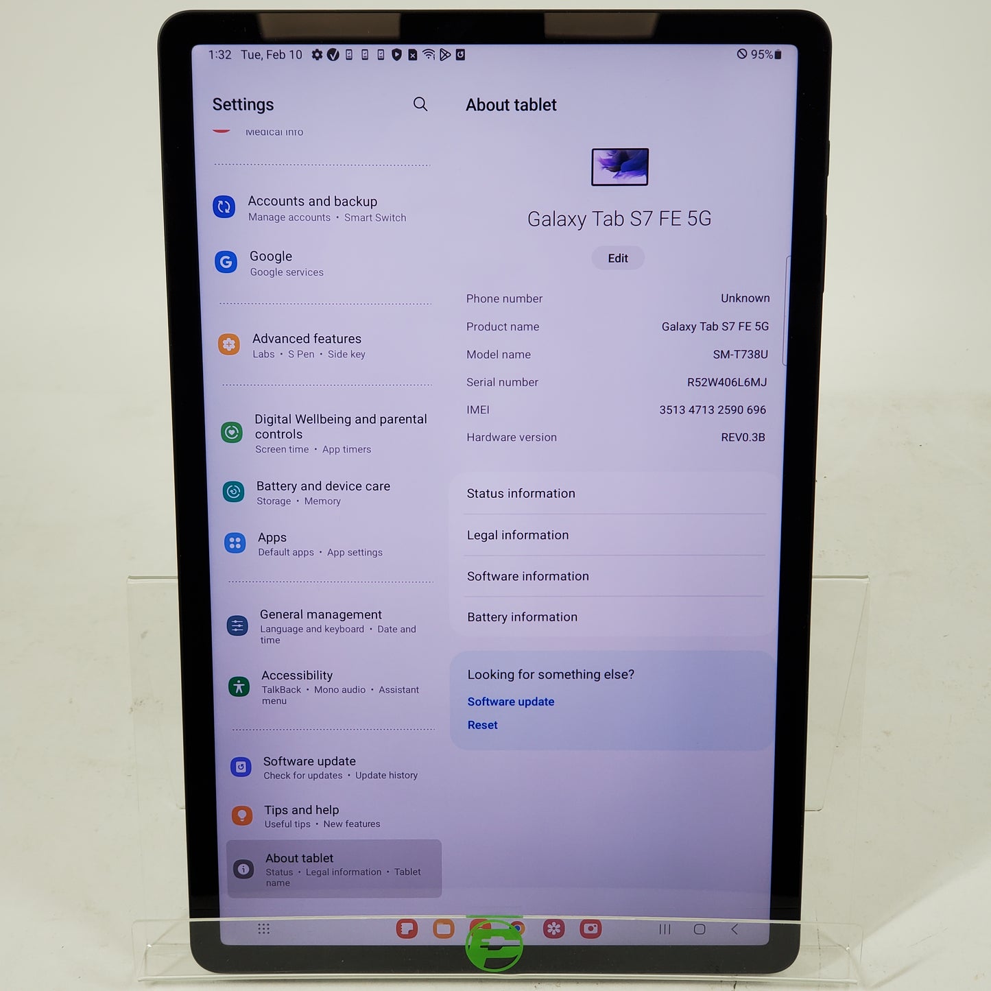 WiFi Only Samsung Galaxy Tab S7 FE 5G 12.4" 64GB Black SM-T738U