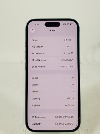 Broken T-Mobile Apple iPhone 16 128GB 26.0 MYAW3LL/A CRACKED SCREEN