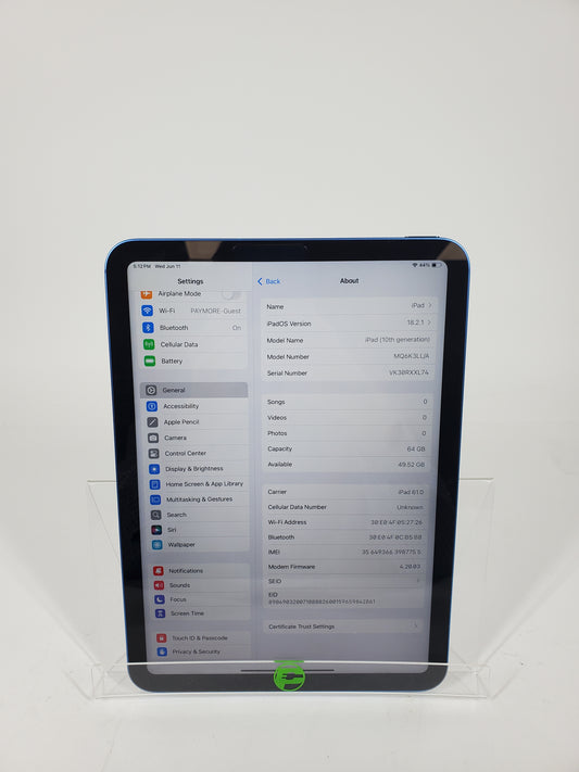 Unlocked Apple iPad 10th Gen 64GB BLUE MQ6K3LL/A