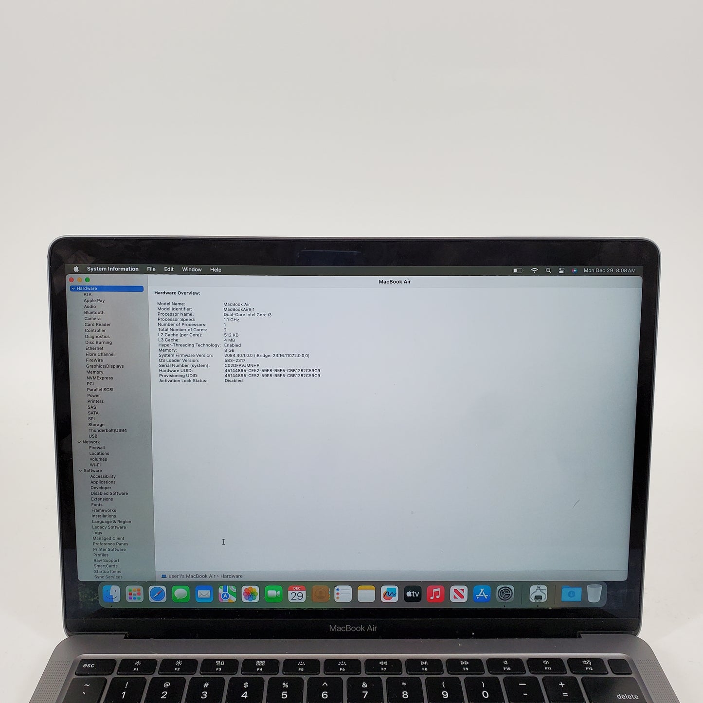 2020 Apple MacBook Air 13.3" i3 1.1GHz 8GB RAM 256GB SSD Space Gray A2179