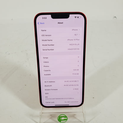 Unlocked Apple iPhone 14 Plus 128GB Red MQ3V3LL/A