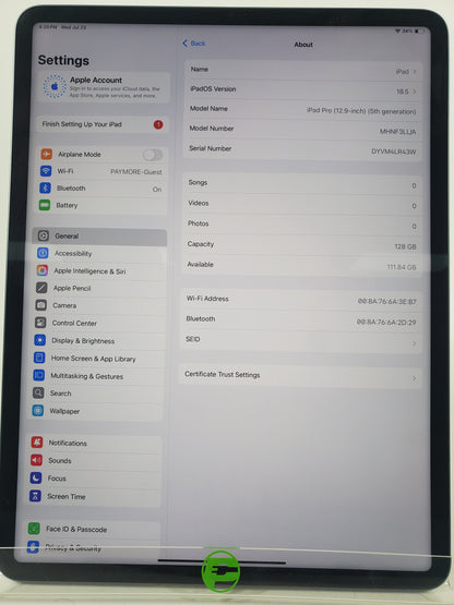 WiFi Only Apple iPad Pro 12.9" 5th Gen 128GB SPACE GRAY MHNF3LL/A